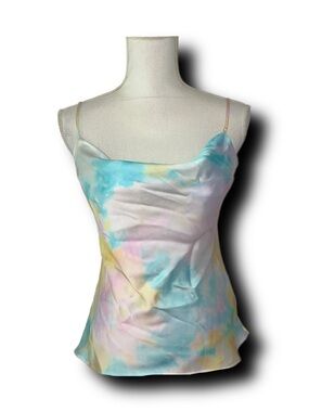 Zara Tie-Dye Satin-Feel Cowl Neck Cami Tank Top in Rainbow Pastels